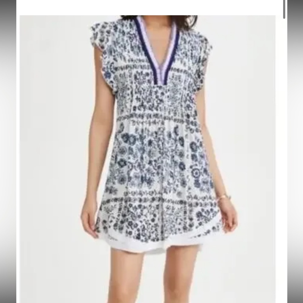 Poupette St. Barth Floral V-Neck Coverup with Purple Trim